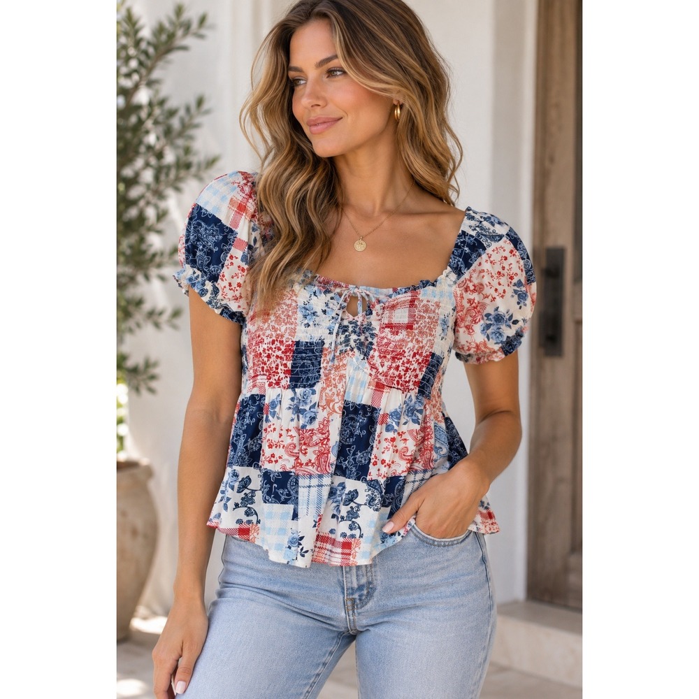 Derek Heart Patchwork Floral Paisley Peasant Top Large Cottagecore Boho Blouse